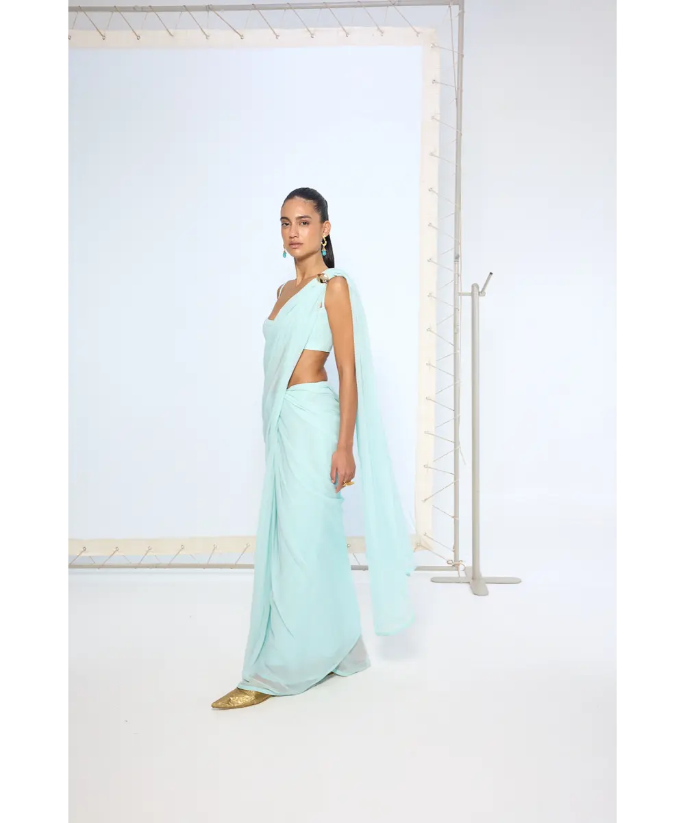 EKAYA BANARAS - Ice Blue Movable Brooch Saree